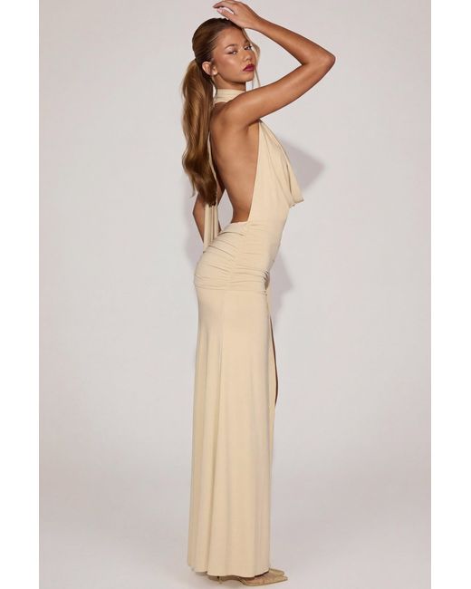 Oh Polly Natural Soft-Jersey Plunge Halterneck Maxi Dress