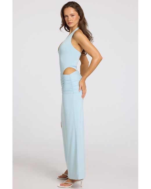 Oh Polly Blue Deep Plunge Halterneck Maxi Dress
