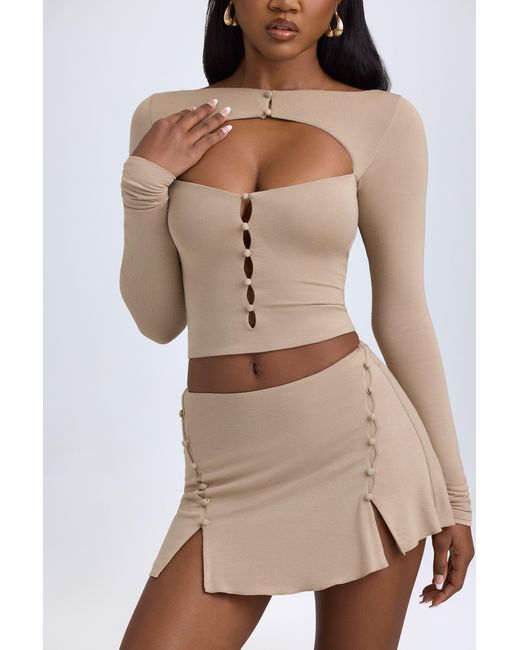 Oh Polly Natural Modal Button-Detail Low-Rise Mini Skirt