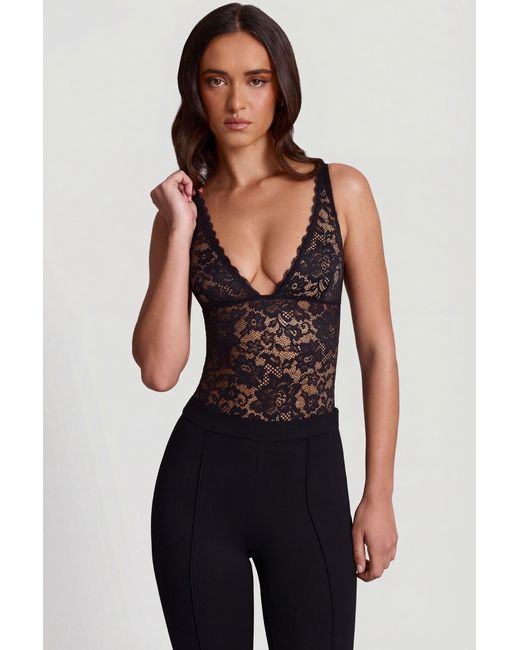 Oh Polly Black Sheer Lace Scalloped Plunge-Neck Bodysuit