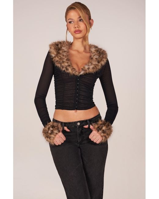 Oh Polly Black Faux Fur-Trim Sheer Mesh Cardigan