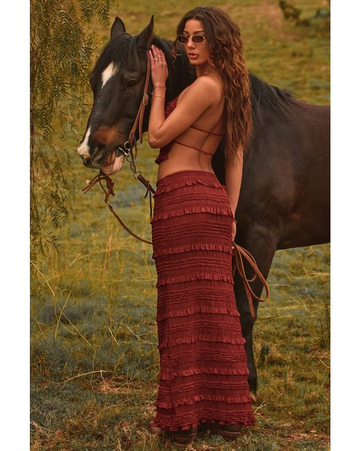 Oh Polly Red Ruffled Mid-Rise Maxi Skirt