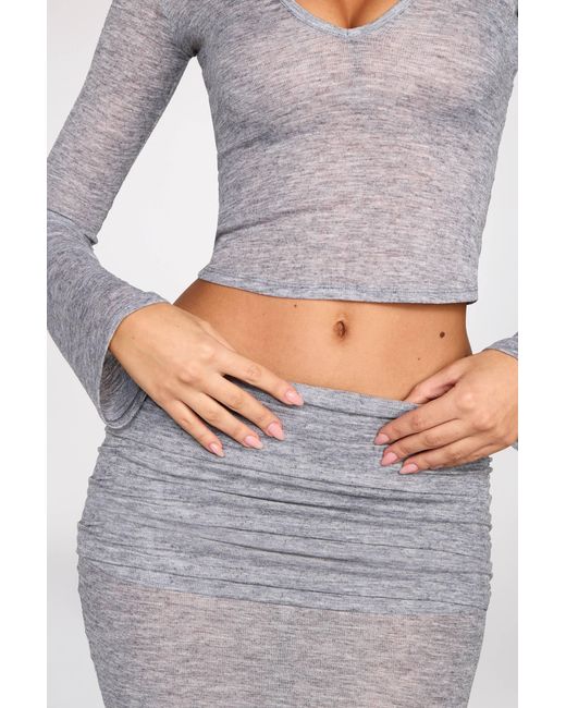 Oh Polly Gray Sheer Jersey Low-Rise Draped Maxi Skirt