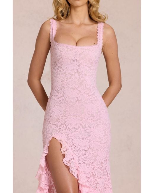 Oh Polly Pink Lace Ruffle Maxi Dress