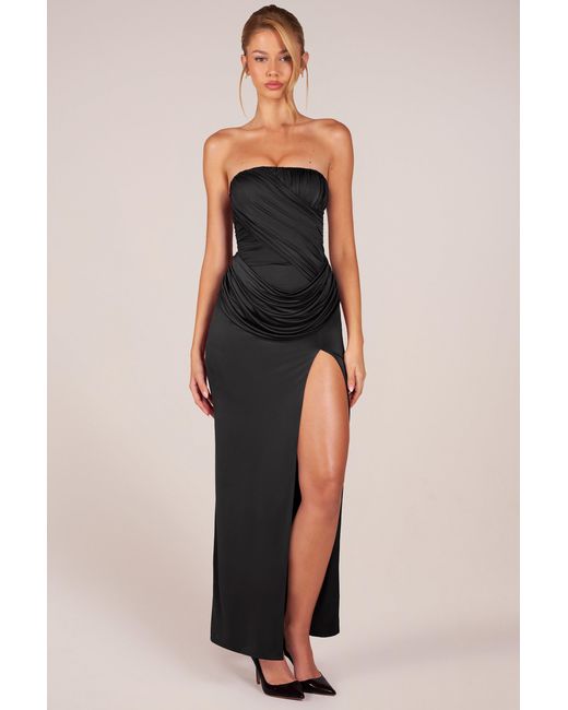 Oh Polly Black Bandeau Draped Thigh-High Maxi Dress