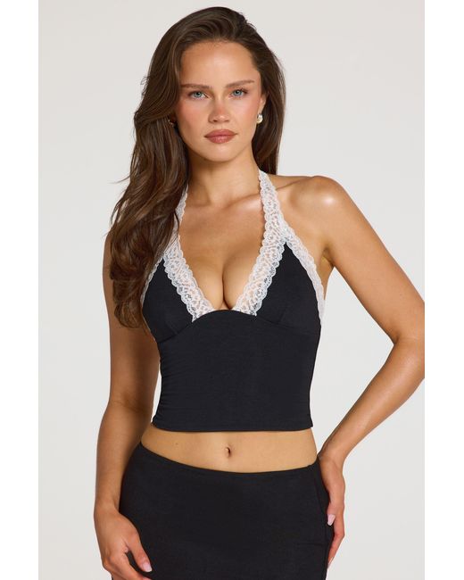 Oh Polly Black Modal Lace-Trim Halterneck Top