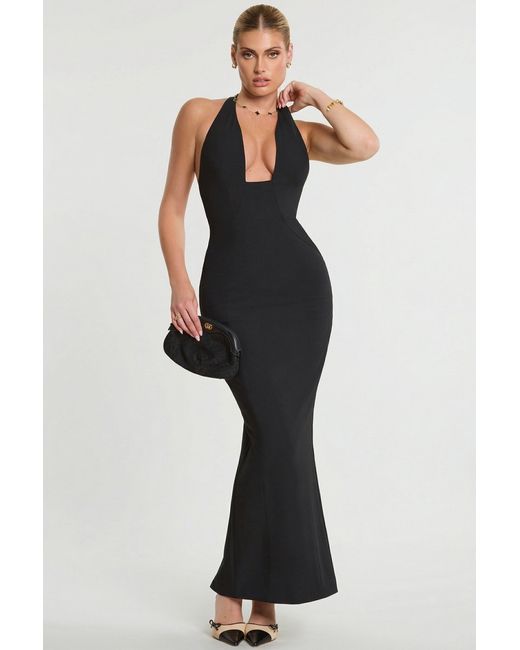 Oh Polly Black Woven Twill Halter Neck Plunge Maxi Dress