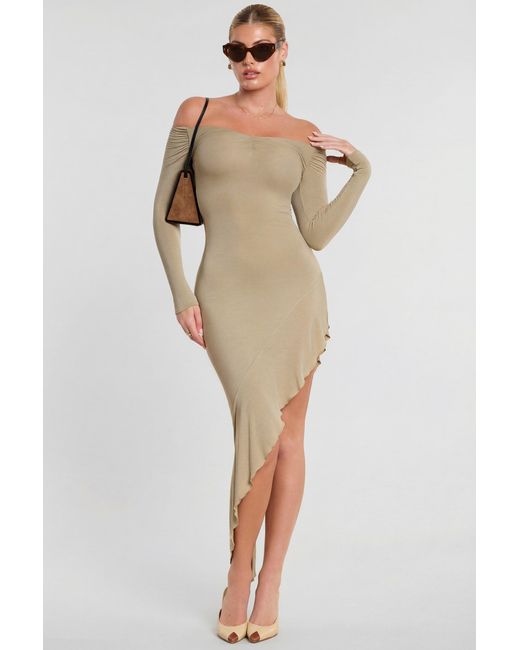 Oh Polly Natural Long Sleeve Off-The-Shoulder Modal Cashmere Blend Maxi Dress