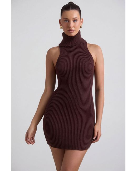 Oh Polly Brown Ribbed-Knit Turtleneck Mini Dress