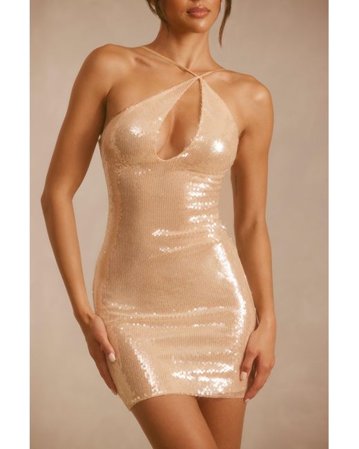 Oh Polly Natural Sheer Sequin Asymmetric Cut Out Mini Dress