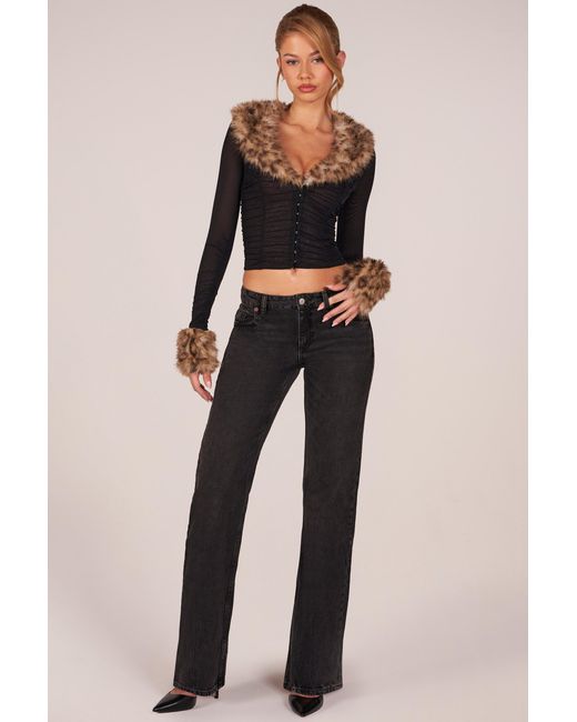 Oh Polly Black Faux Fur-Trim Sheer Mesh Cardigan