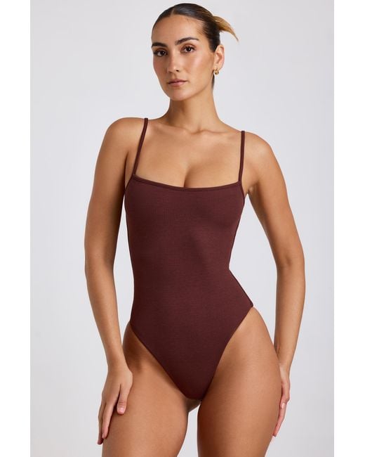 Oh Polly Brown Ribbed Modal Square Neck Bodysuit