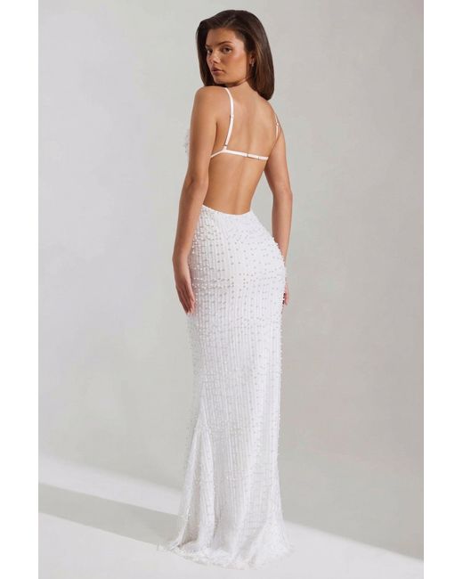 Oh Polly White Embellished Cowl-Neck Backless Maxi Dress