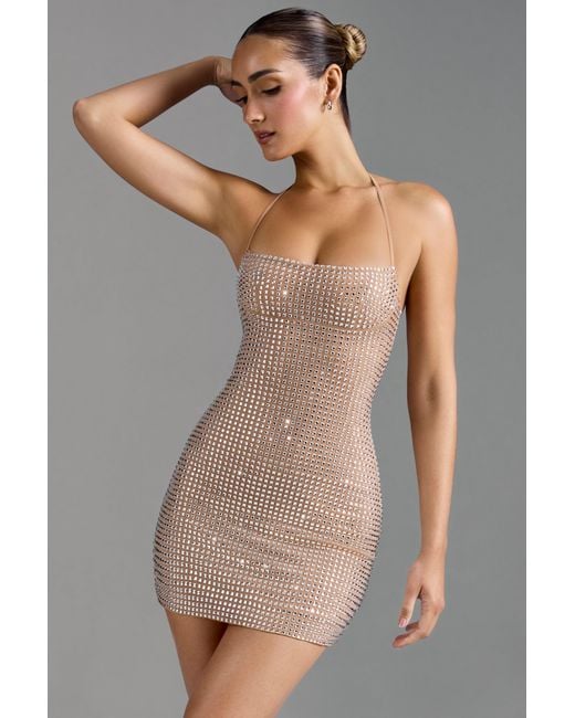 Oh Polly Natural Embellished Halterneck A-Line Mini Dress