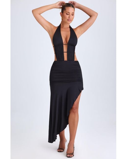 Oh Polly Black Asymmetric Cut-Out Halterneck Midaxi Dress