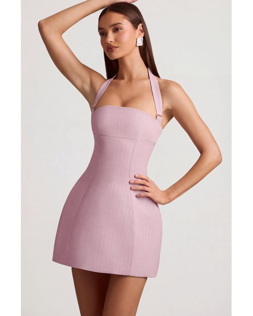 Oh Polly Pink Pinstripe Halterneck Structured A-Line Mini Dress