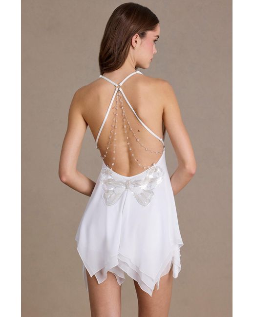 Oh Polly White Chiffon Plunge-Neck Open-Back Mini Dress