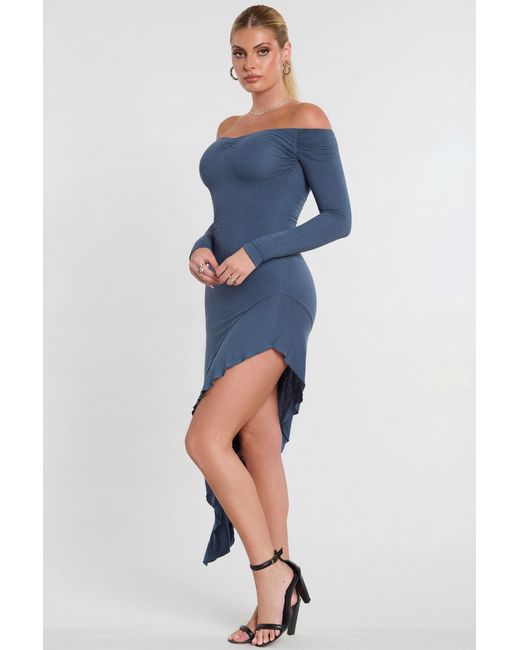 Oh Polly Blue Long Sleeve Off-The-Shoulder Modal Cashmere Blend Maxi Dress