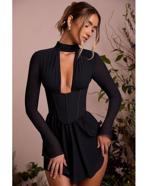 Oh Polly Black Long Sleeve Plunge Neck Mini Dress