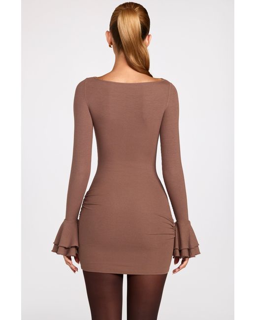 Oh Polly Brown Ribbed Modal Long-Sleeve Draped Mini Dress