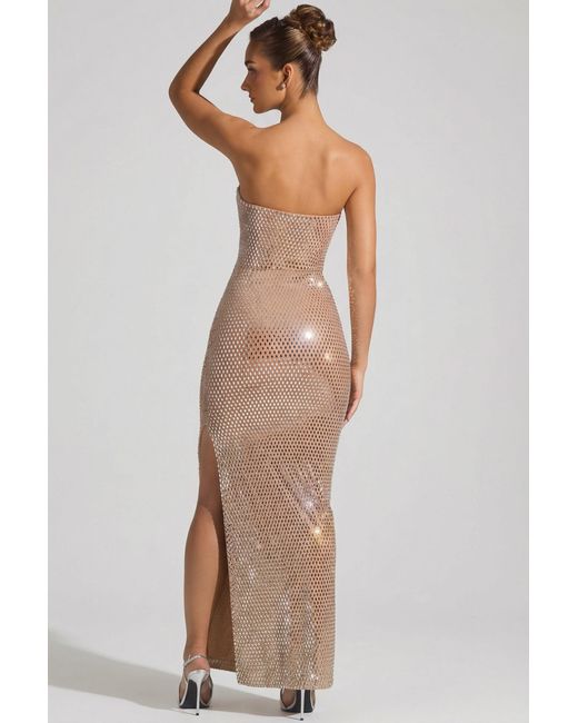 Oh Polly Natural Embellished Strapless Plunge Gown