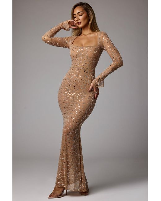 Oh Polly Natural Sheer Embellished Long Sleeve Evening Gown