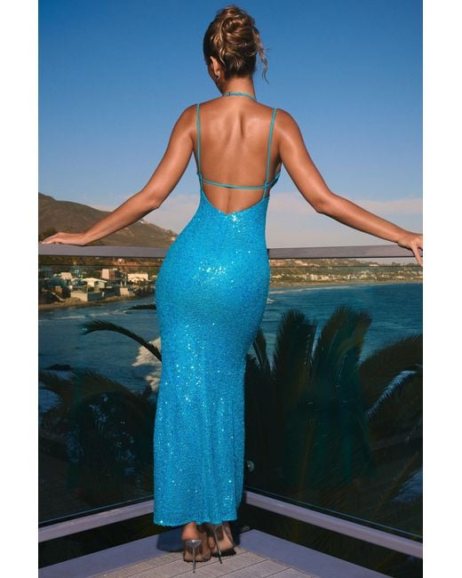 Oh Polly Blue Embellished Cut-Out Halterneck Maxi Dress
