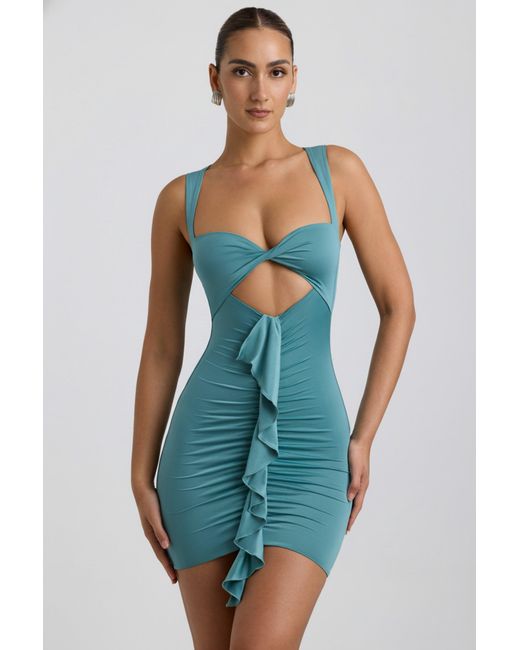 Oh Polly Green Slinky Jersey Cut-Out Ruffle-Trim Mini Dress