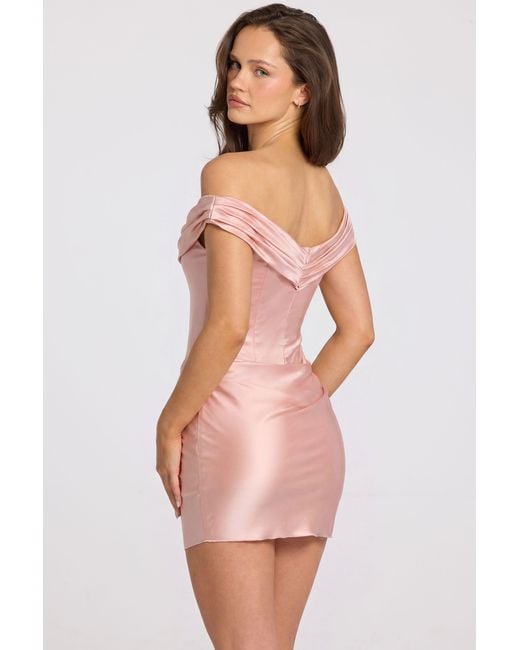Oh Polly Pink Satin Off-Shoulder Draped Mini Dress