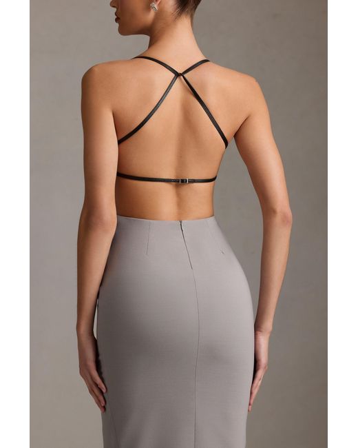 Oh Polly Gray Plunge-Neck Backless Midaxi Dress