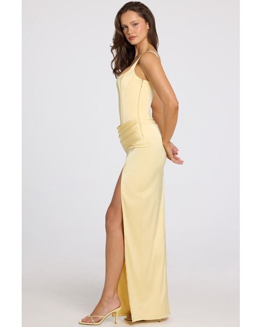 Oh Polly Yellow Corseted Thigh-High Split Maxi Dress