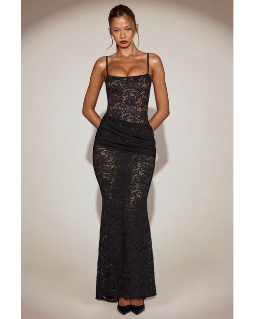 Oh Polly Black Sheer Lace Square-Neck Ruched Gown