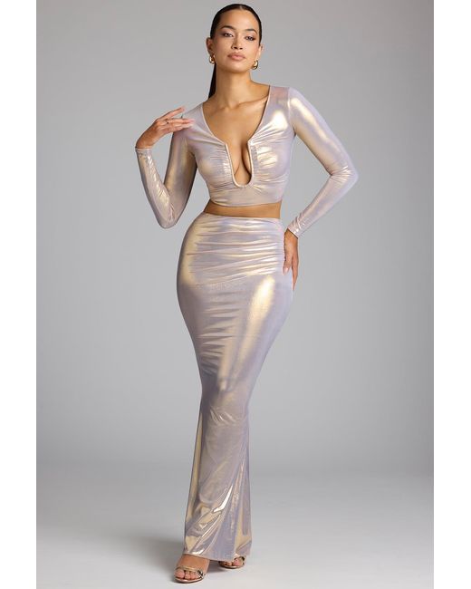 Oh Polly Mid Rise Metallic Jersey Maxi Skirt