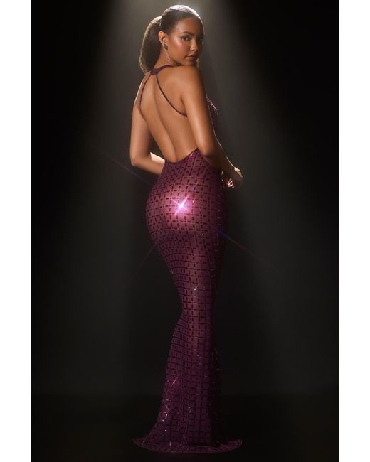 Oh Polly Purple Embellished Semi-Sheer Halterneck Gown