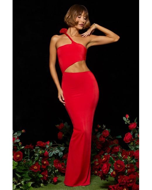 Oh Polly Red Jersey Asymmetric Cut Out Maxi Dress