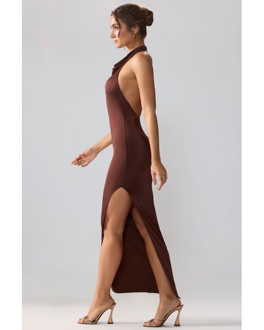 Oh Polly Brown Jersey Cowl Neck Backless Maxi Dress