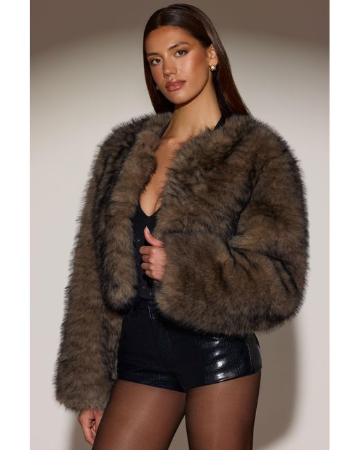 Oh Polly Brown Cropped Faux-Fur Jacket