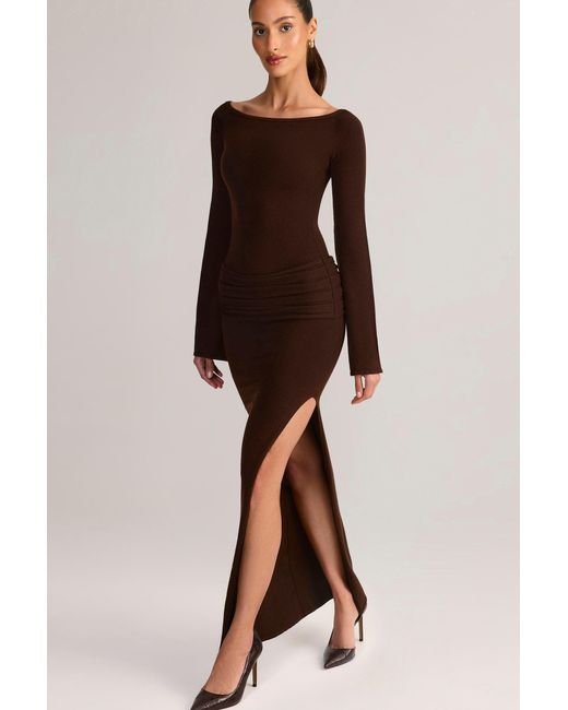 Oh Polly Brown Rib-Knit Boat-Neck Long-Sleeve Maxi Dress