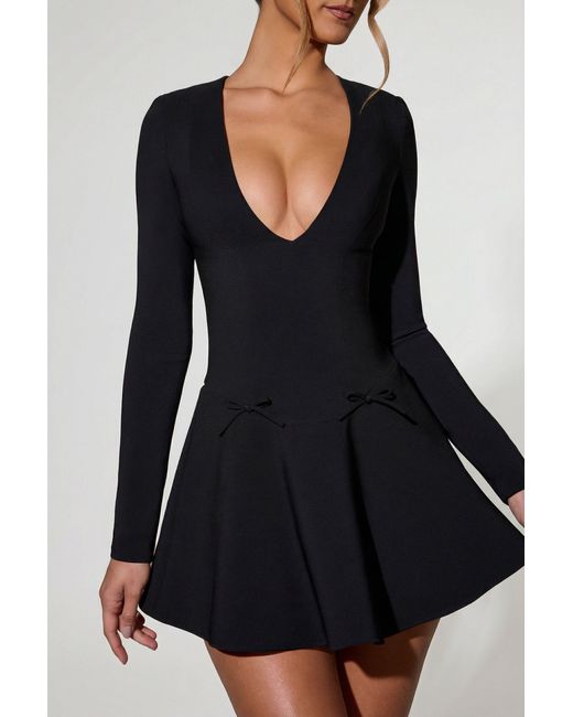 Oh Polly Black Bow-Detail Plunge-Neck A-Line Mini Dress
