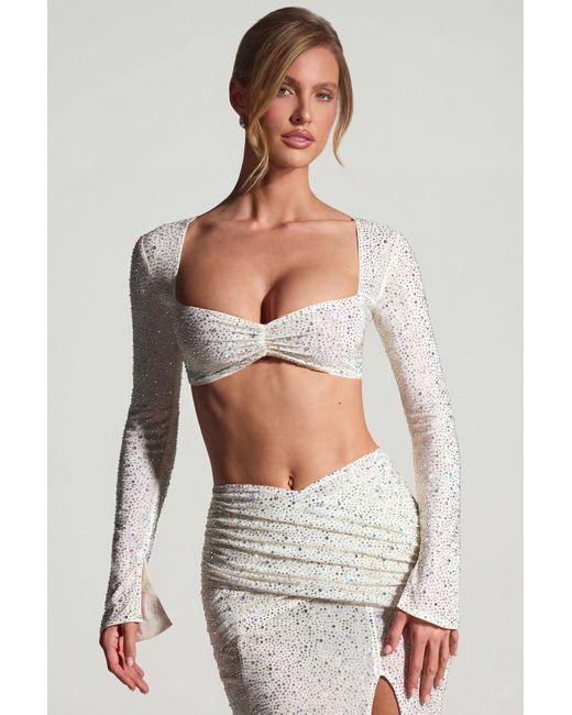 Oh Polly White Embellished Long-Sleeve Crop Top
