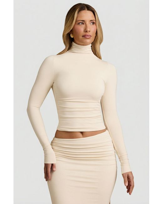 Oh Polly White Modal Ruched Backless Turtleneck Top