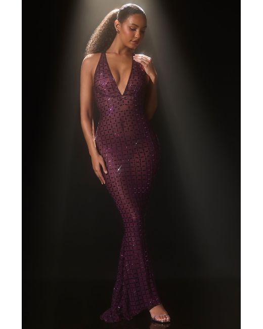 Oh Polly Purple Embellished Semi-Sheer Halterneck Gown