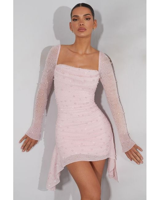 Oh Polly Pink Long Sleeve Embellished Cowl Neck Mini Dress