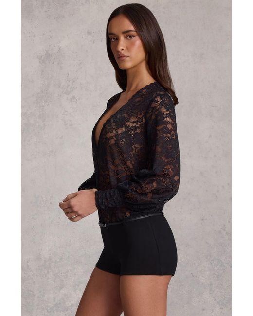 Oh Polly Black Sheer Lace Plunge-Neck Loose-Fit Playsuit