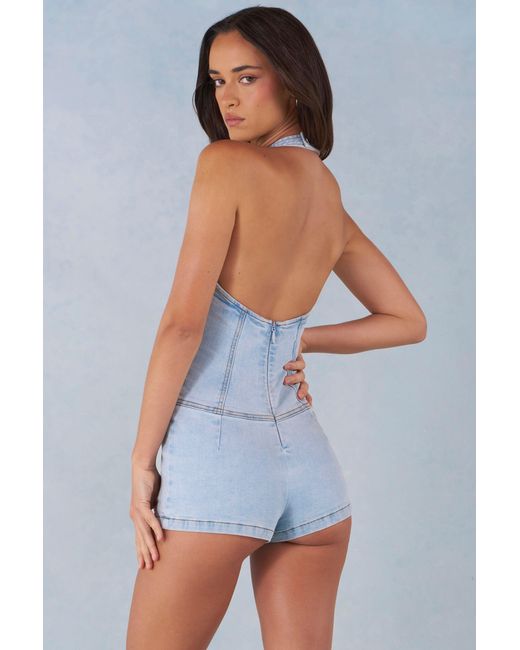 Oh Polly Blue Button-Down Halterneck Playsuit