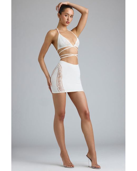 Oh Polly White Embellished Mid-Rise Mini Skirt