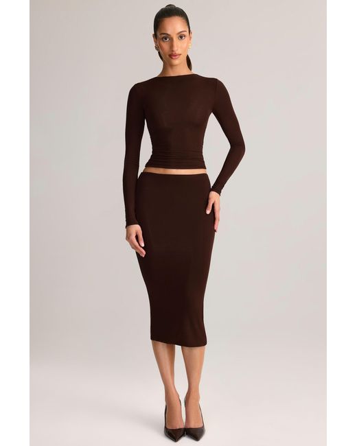 Oh Polly Brown Modal Mid-Rise Pencil Midi Skirt