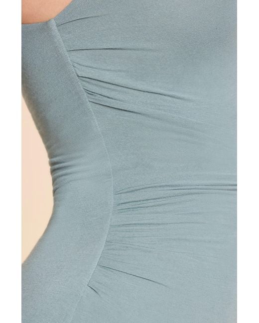 Oh Polly Blue High Neck Racerback Ruched Modal Cashmere Blend Maxi Dress
