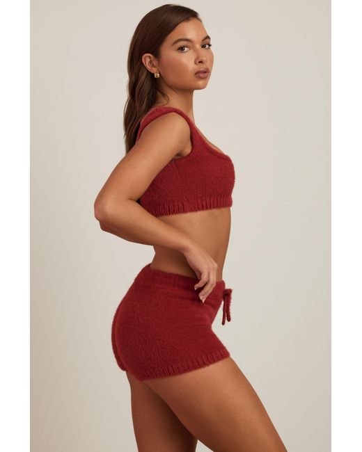 Oh Polly Red Fluffy Knit Mid-Rise Mini Shorts