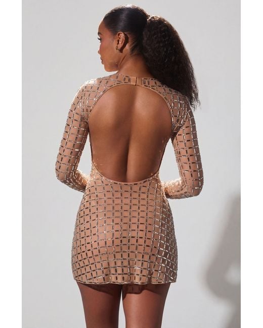 Oh Polly Natural Embellished Semi-Sheer Cut-Out Mini Dress